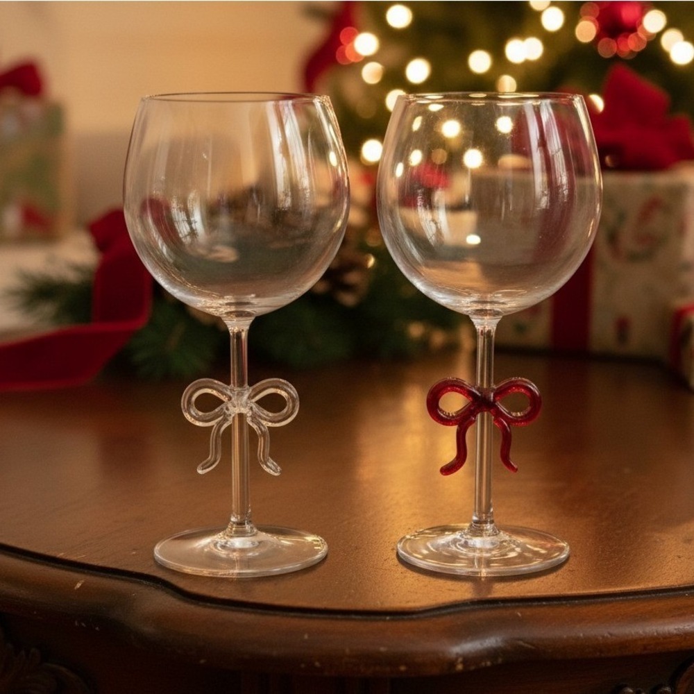Anthropologie Benedita Red White Bow Wine Glasses Set of 2